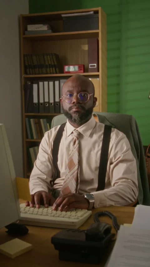 Vertical Portrait of Man Typing on Retro Computer Keyboard Stock Footage 341429477