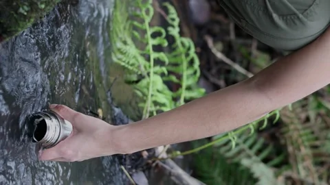 Vertical portrait Obtaining Water from Forest River with Metal Canteen in 4K Stock-Footage 265768671