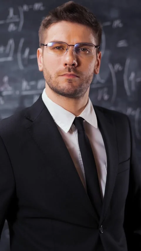 Vertical of Portrait of scientist man standing near mathematical equations. Stock Footage 305461282