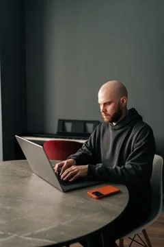 Vertical portrait of young bald programmer with beard and ear piercing sitting 스톡 사진