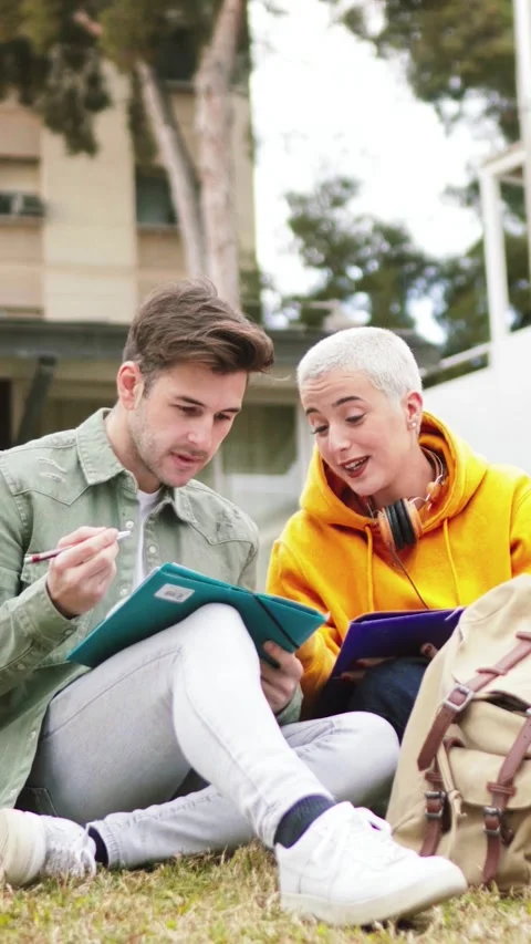 Vertical portrait of young students sitting at lawn taking notes and talking Stock Footage 248816624