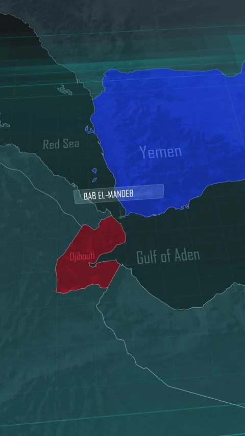 Vertical portrait, zoom in to the map of Bab al-Mandab Strait Video stock 320862733