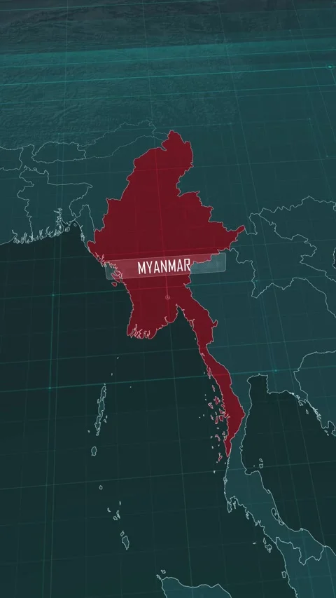 Vertical portrait, zoom in to the map of Myanmar, with text and textless Stock Footage 320862722