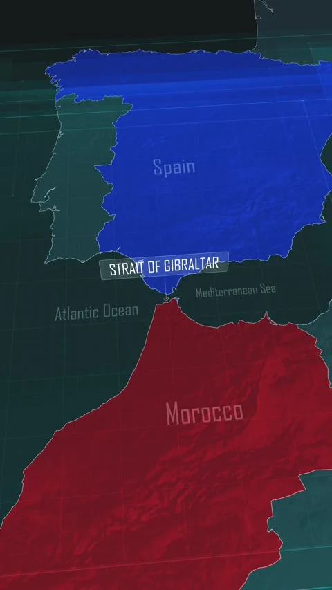 Vertical portrait, zoom in to the map of Strait of Gibraltar with text, textless Stock Footage 320862861