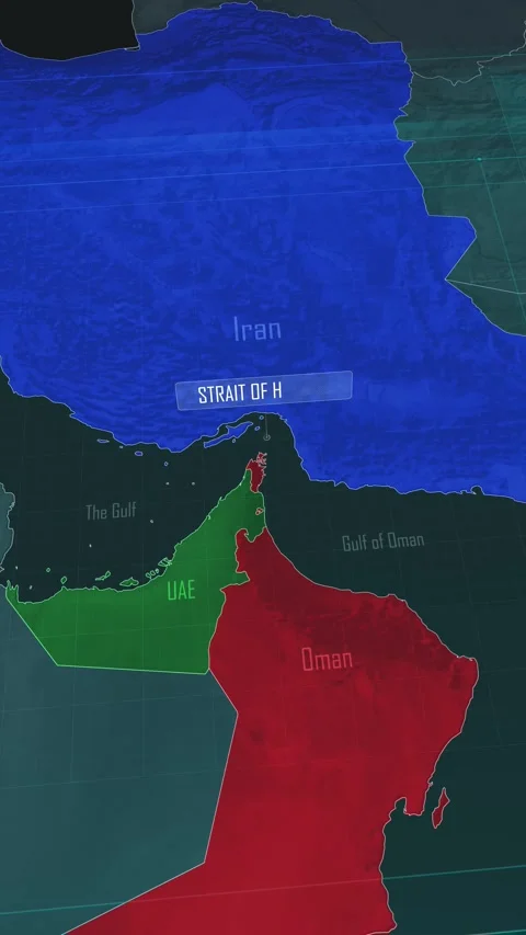 Vertical portrait, zoom in to the map of Strait of Hormuz with text, textless Video stock 320863207
