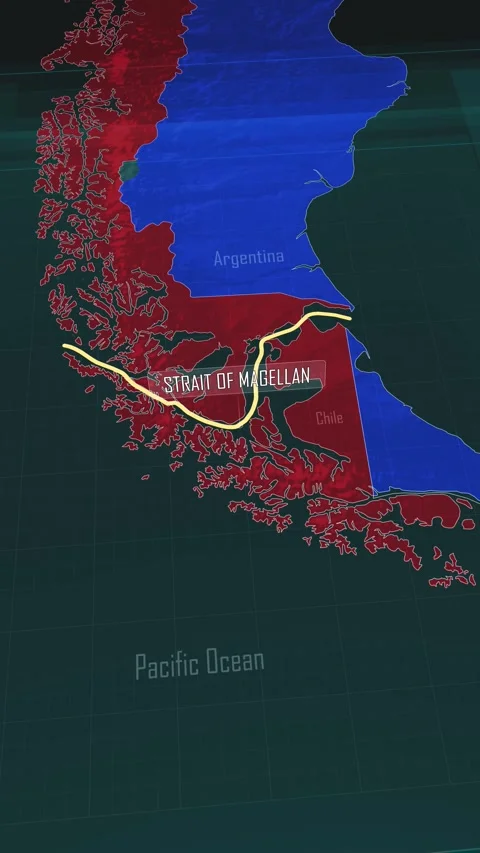 Vertical portrait, zoom in to the map of Strait of Magellan with text, textless Stock Footage 320863441