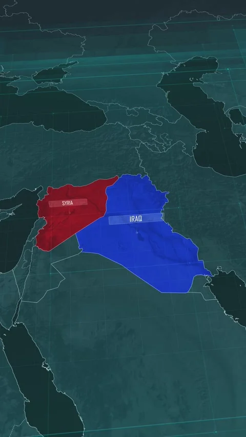Vertical portrait, zoom in to the map of Syria and Iraq, with text and textless Stock Footage 320863373