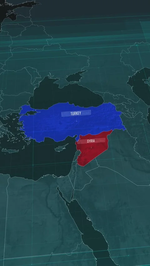 Vertical portrait, zoom in to the map of Syria and Turkey Stock Footage 320863461