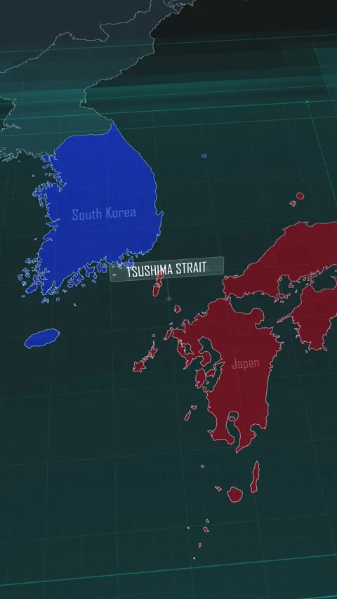 Vertical portrait, zoom in to the map of Tsushima Strait with text, textless Stock Footage 320862613