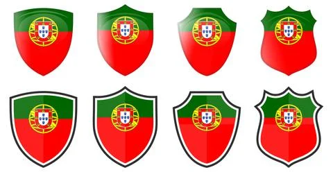 Vertical Portugal flag in shield shape, four 3d and simple versions. Portugue Stock Illustration