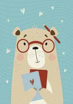 Vertical poster with cute smart bear in glasses with books and pencil on blue Stock Illustration