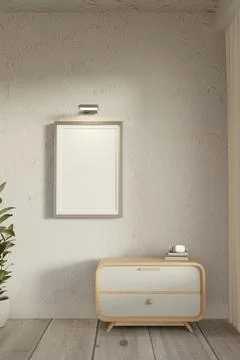 Vertical poster frame mockup above modern cabinet Stock Illustration