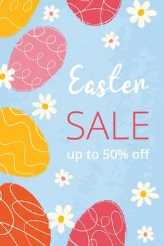 Vertical poster with grunge textured eggs, hand drawn white flowers, scribbles Stock-Illustration