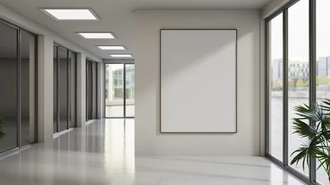 Vertical Poster Mockup on White Wall in Bright Modern Office Corridor Stock Illustration