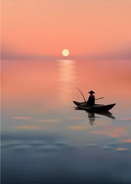 Vertical poster with red dramatic sunset and silhouette of fisherman on lake Illustrazione stock