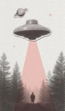 Vertical poster with sinister forest landscape, flying UFO alien plate above Ilustração Stock