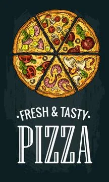 Vertical poster slice pizza Pepperoni, Hawaiian, Margherita, Mexican, Seafo.. Stock Illustration