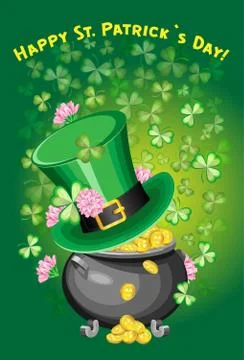 Vertical poster for St. Patrick's Day with pink clover, pot and hat leprechaun Illustrazione stock