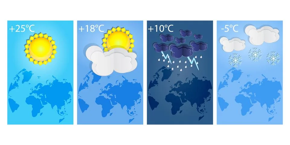 Vertical posters set different types of weather forecast. Stock Illustration