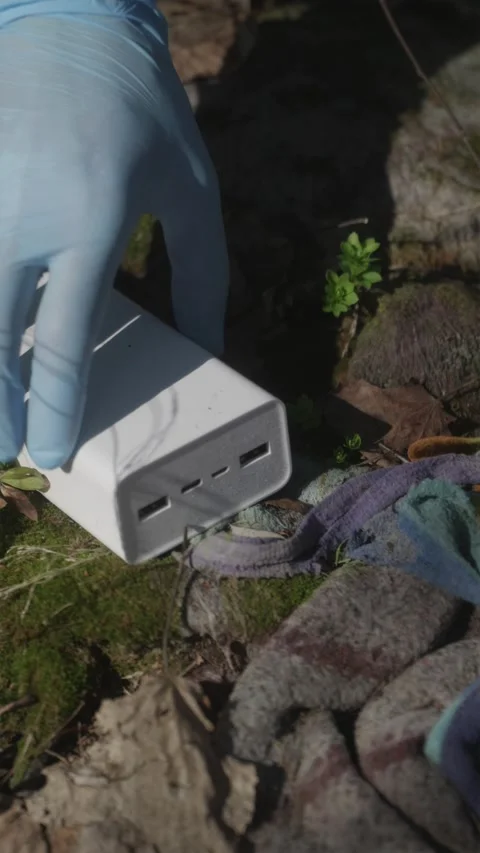 Vertical POV finding discarded white power bank in forest Stock Footage 333118400