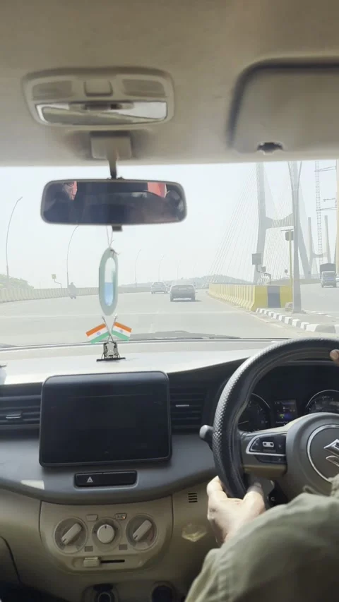 Vertical POV interior view driving onto New Zuari Bridge in Goa India Видео 343132052