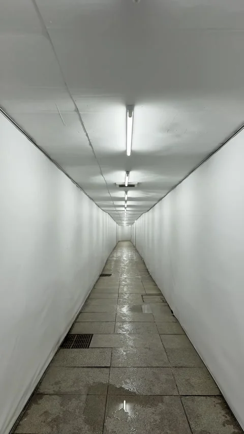 Vertical Pov Walking Through Empty White illuminated Underground Corridor or Stock Footage 343593916