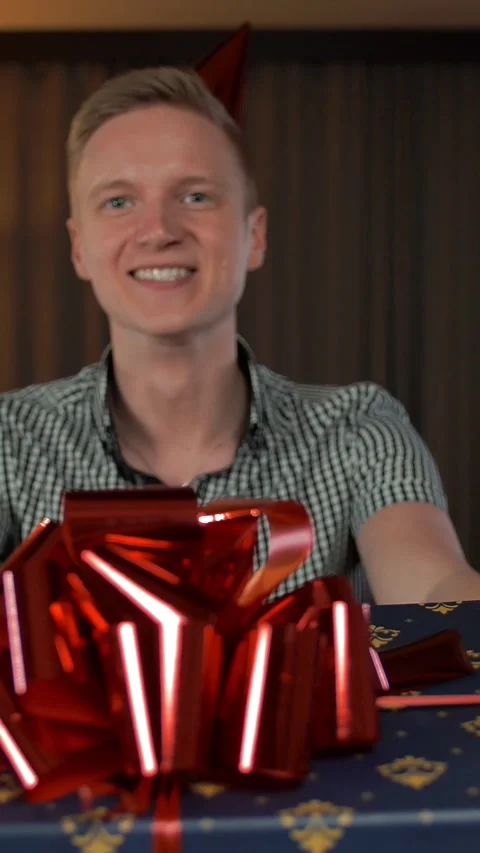 Vertical of Present for you. He stretching box to camera. Stock Footage 278481780