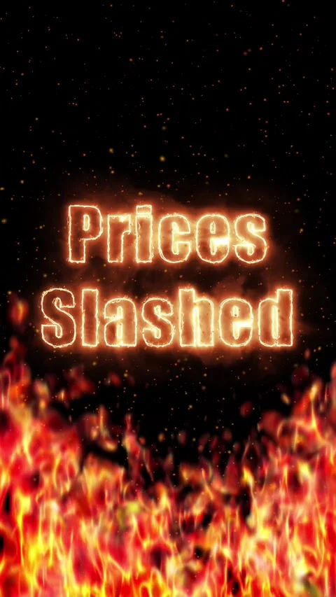 Vertical Prices Slashed Text Animation with Burning Fire and Sparks Stock Footage 335861464