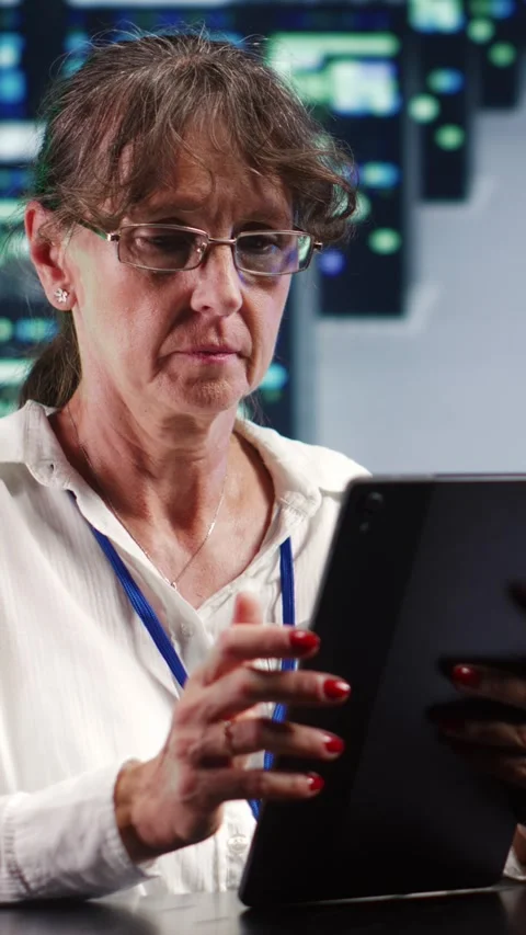 Vertical Professional running code in server farm Stock Footage 247623704