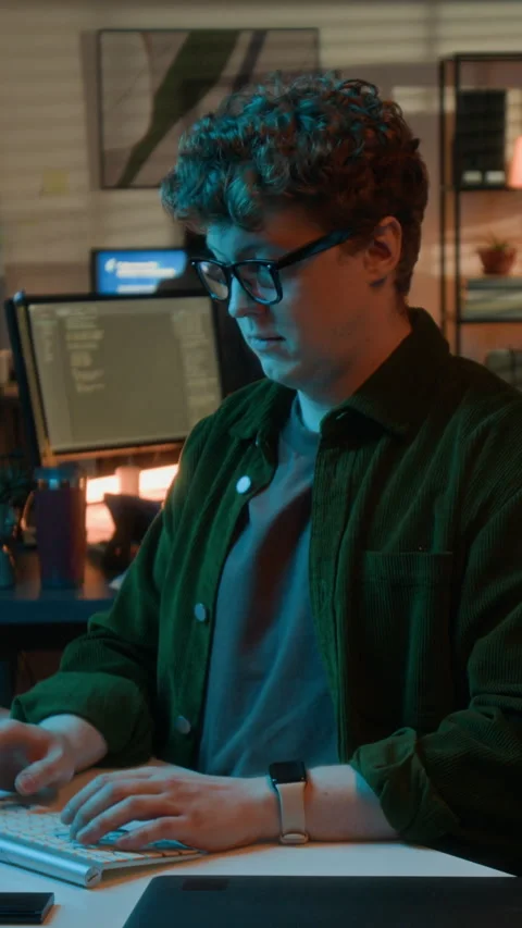 Vertical of Programmer with Glasses Typing on Keyboard in Office at Night Stock-Footage 336708445