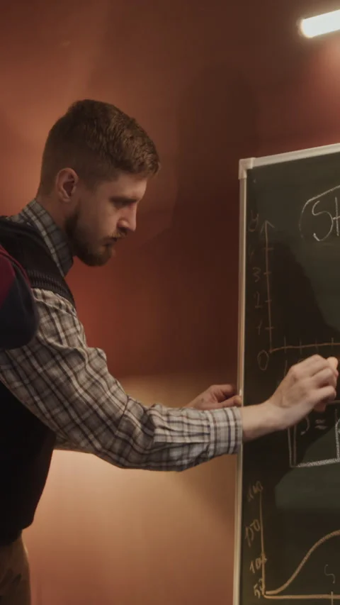Vertical of Programmers Drawing Computer Program Scheme on Chalkboard Video stock 276416170