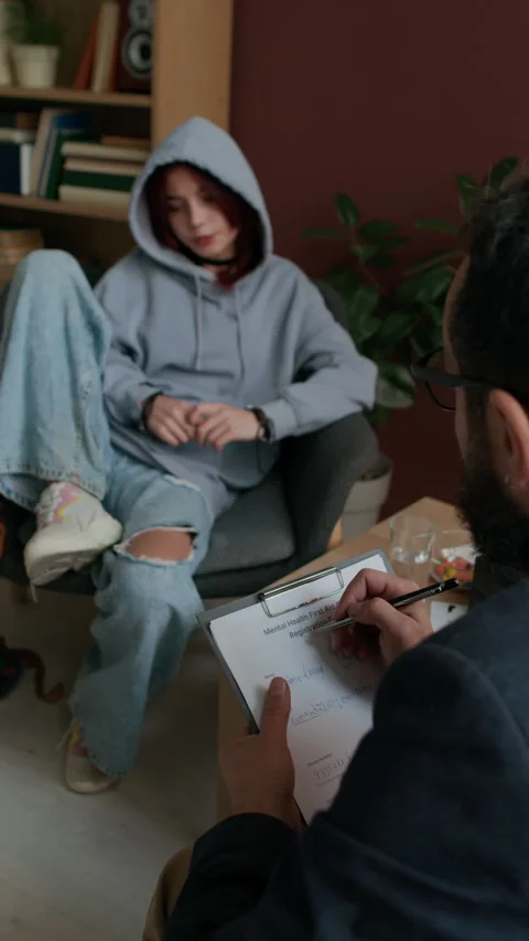 Vertical of Psychotherapist Taking Notes During Therapy Session Video stock 305397361