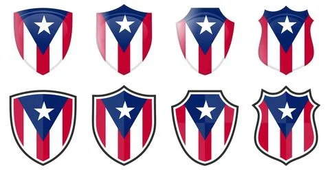 Vertical Puerto Rico flag in shield shape, four 3d and simple versions. Stock Illustration