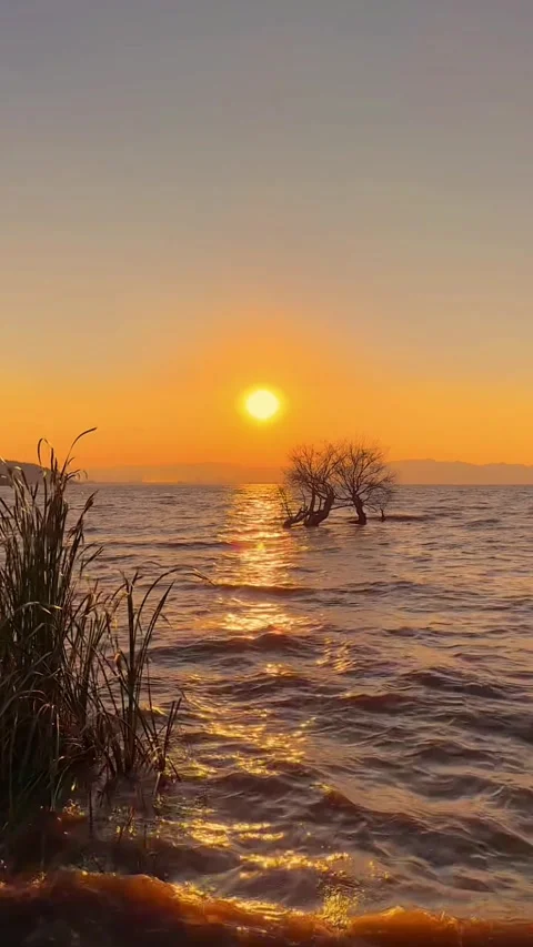 Vertical Pure Red Sun Disk Setting Over Calm Plateau Lake 動画素材 332469501