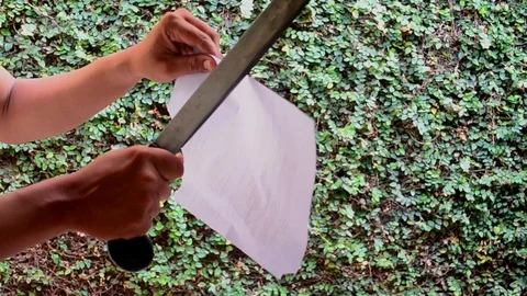 Vertical push cut with machete (golok) Stock Footage 118954164