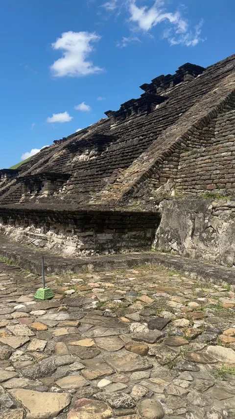 Vertical pyramid view with blue sky and clouds, Tajín Mexico, August 2 2025 Stock Footage 315004518