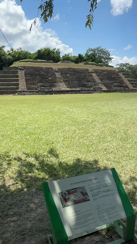 Vertical pyramid view with info text and blue sky, Tajín Mexico, Aug 2 2025 Stock Footage 315004514