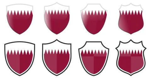 Vertical Qatar flag in shield shape, four 3d and simple versions. Stock Illustration