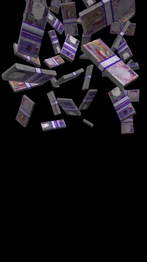 Vertical Qatar Riyals Banknote Falling Animation Stacks Of Money on Black Sc Stock Footage 285174361