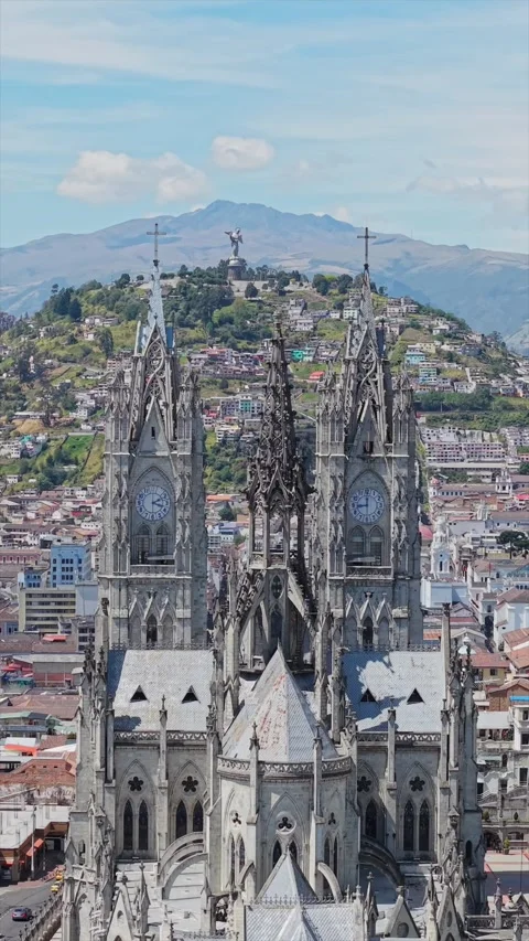 Vertical Quito cityscape capturing Basilica del Voto Nacional, Panecillo hill Stock-Footage 308418954