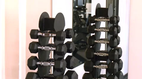 Vertical rack with dumbbells in the gym. Stock Footage 313444127