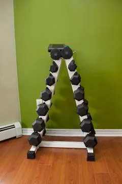 Vertical rack of dumbbells Foto stock