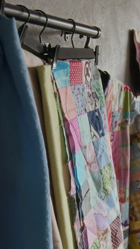 Vertical of Rail with Patchwork Garments at Sewing Workshop Stock-Footage 315770252