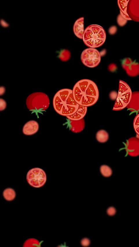 Vertical Rain of Whole and Sliced Tomatoes on Black Stock Footage 328137597