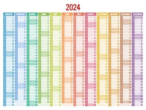 Vertical rainbow 2024 calendar vector, english language. 2024 Calendar of 12 Stock Illustration