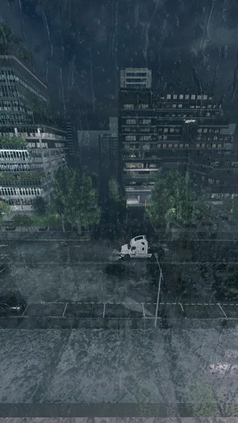 Vertical Rainy City View Through Window From Inside Moody CGI Video Stock Footage 339409740
