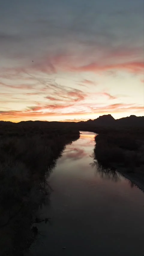 Vertical Ratio Drone View Of Sunset Reflection On River In Arizona Stock Footage 301143802