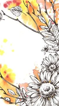 Vertical rectangular autumn frame with sunflowers, leaves, twigs and bright 스톡 일러스트