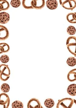 Vertical rectangular frame with baking: pretzel, cookies. Watercolor illustra Stock Illustration