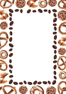Vertical rectangular frame with baking: pretzel, cookies. Watercolor illustra イラスト素材